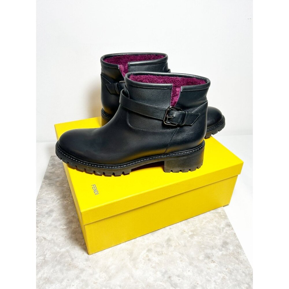 Fendi Women's Shearling Fur Lining Moto Ankle Boots in Black - Sz 40 (9.5)